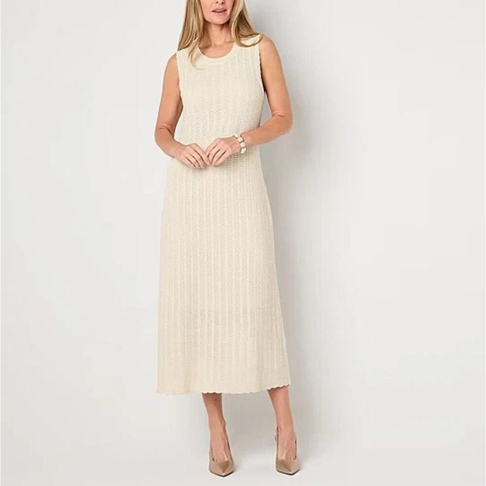 Liz Claiborne Sleeveless Gold Cream Midi Sweater Dress SMALL Stretch Minimalist